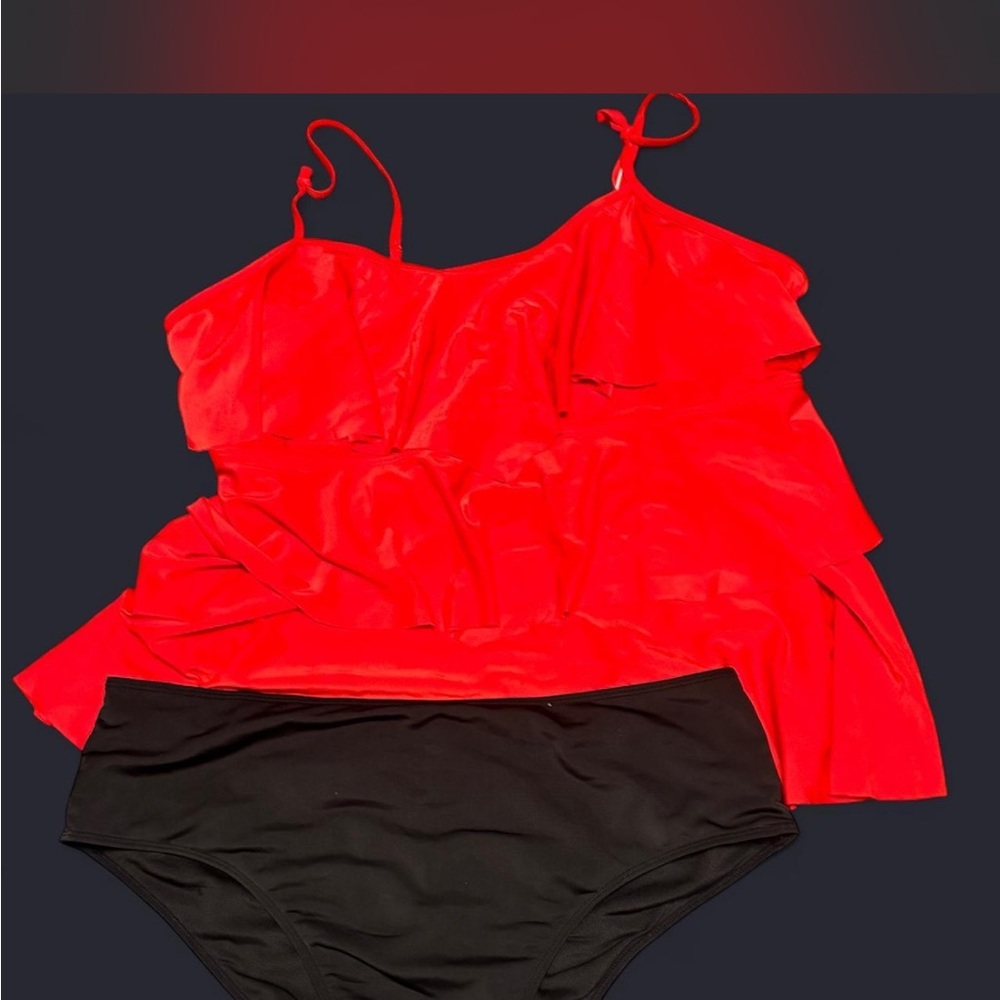 Red Ruffle Tankini Top with Black Bottoms 3XL